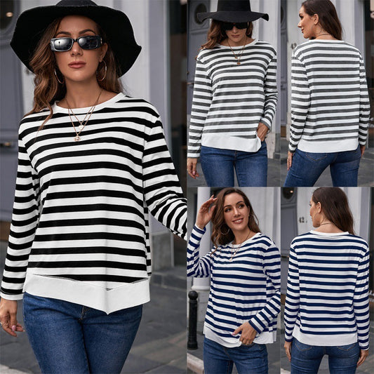 Women's Round Neck Pullover Color Block Bottoming Shirt Top